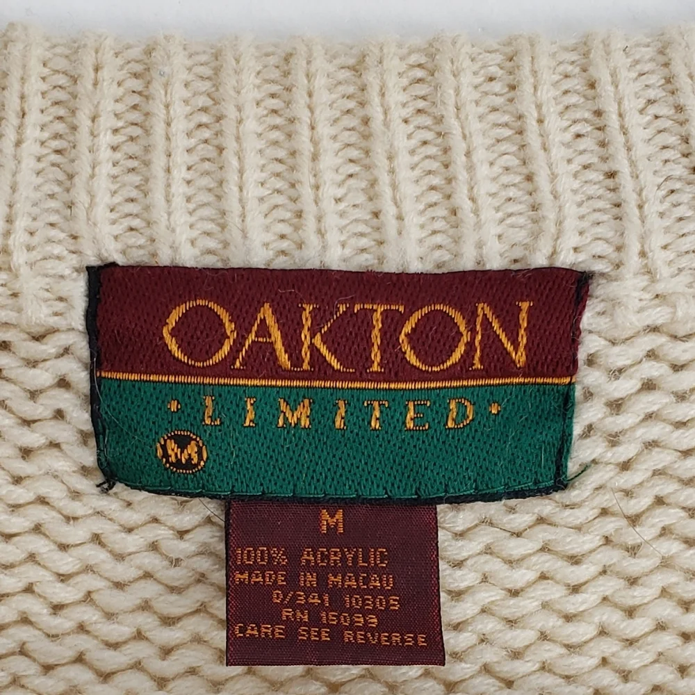 Oakton Limited 90s Chunky Cable Knit Cable Cardigan Sweater Beige Sz M Grandpa